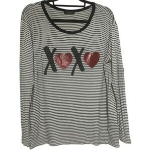 Zutter Women’s Black & White Striped with Metallic Hearts Long Sleeve Top Size L